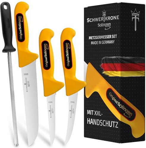 Set di coltelli da macellaio Sword Crown 4 pezzi. Coltello da macellaio professionale Made in Germany Solingen, coltello per disossare, coltello per sminuzzare, coltello da chef