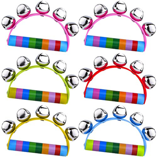 MIAHART 6 Pieces Christmas Hand Jingle Bells Wooden Hand Sleigh Bells Jingle Shaker Bells Handhold Bell Rattles Musical Bell Instruments for Kids Handheld Bells Holiday Christmas Décor