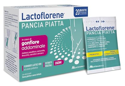 Lactoflorene Pancia Piatta, Fermenti Lattici, Probiotici, Senza Glutine Senza Lattosio Integratore con Probiotici, Enzimi ed Estratti vegetali (Finocchio) per il Gonfiore addominale (20 Bustine)