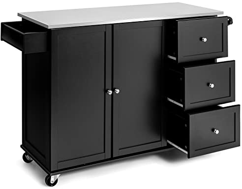 KOMFOTTEU Isola da Cucina Mobile con Piano di Lavoro in Acciaio Inox, Carrello da Cucina con 3 Cassetti & Porta Asciugamani & Ripiano Regolabile, Armadio da Cucina su Ruote, Carrello da Cucina 135 x