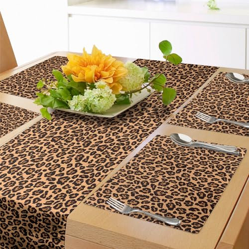 ABAKUHAUS Leoparden Druck Tischläufer & 4 Stück Tischsets, Orangefarbene Leoparden-Textur-Illustration von der exotischen Fauna inspiriertes Muster, 180 cm x 40 cm, Orange und Schwarz