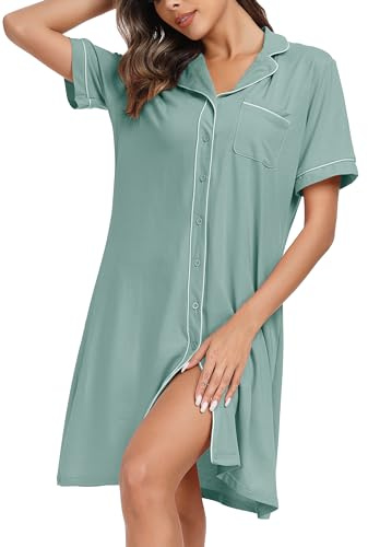 Wikoan Camicie da Notte Donna in Cotone, Camicia da Notte Allattamento Scollo a V Camicie Corta Bottoni Davanti Camicie da Notte Donna,Verde Chiaro,S