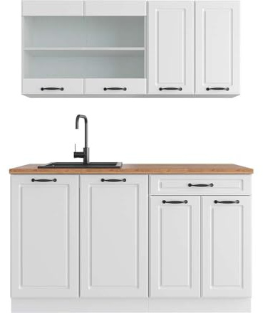 Vicco Küchenzeile R-Line, Weiß Landhaus, 140 cm, AP Eiche, geeignet für kleine Räume, modular erweiterbar