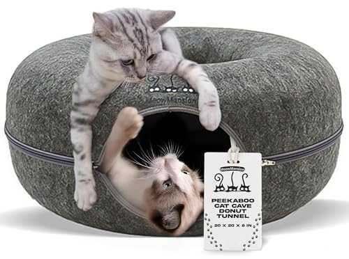 MeowMansion - Indoor Cat Tunnel Bed - Scratch Resistant Peekaboo Cave Donut Shape - Multifunctional Playground, Caves, Toys (Grey)
