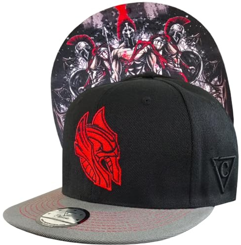 Capiche Cappello Snapback Nero per Uomini, Titans, da Baseball Visiera Piatta Grigia, Logo Rosso, Guerriero, Barba Combattenti, Arte in Stile Tatuaggio sotto, Impero Medievale di Spart