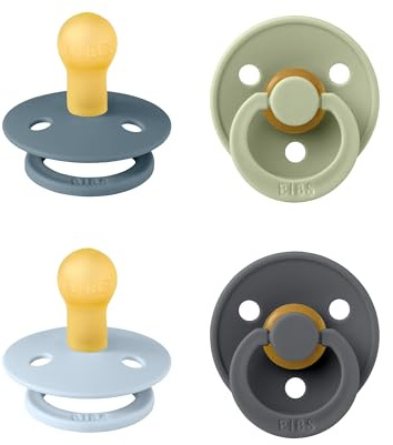 BIBS Dummies Colour 4-Pack, BPA Free Dummy Pacifier, Round Nipple Soothers, Natural Rubber Latex, Made in Denmark, Size 1 (0-6 Months), Baby Blue Mix