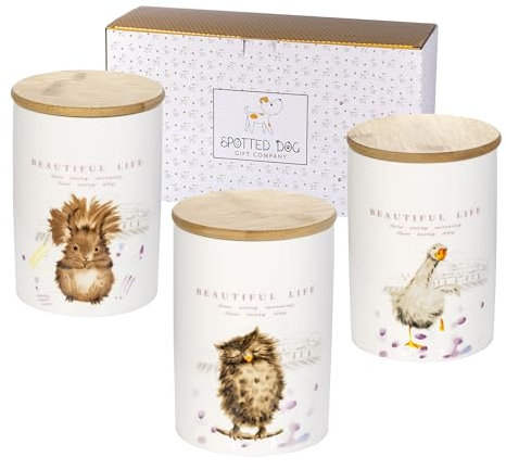 SPOTTED DOG GIFT COMPANY Vorratsdosen Keramik mit Deckel Luftdicht - 3 Vorratsbehälter vielseitig für Mehl Kaffee Tee Zucker Dose Aufbewahrungdose - Kapazität je 1.2 Liter, Tier Motiv Geschenk