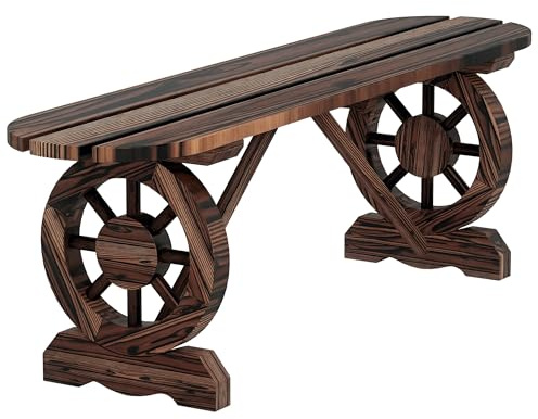 Outsunny Panca da Giardino con Gambe a Ruota di Carro, Panchina da Esterno 2 Posti Stile Rustico con Seduta a Doghe, 120x29x39cm, Marrone