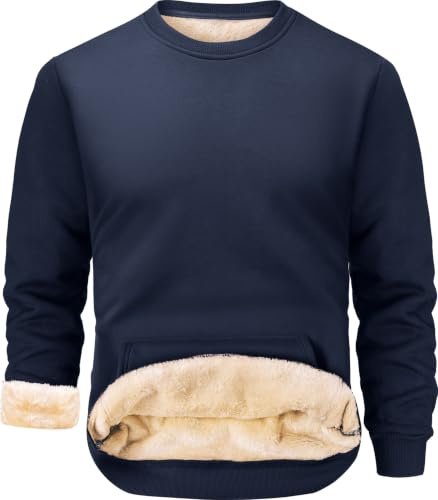 Peakwell Hommes Col Rond Sweatshirts Doublés Chauds Pulls d'hiver Pullover Polaire Sweats avec Poche, Bleu Marine, L