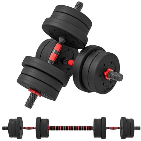 HOMCOM Juego de Mancuernas Ajustables, 2 en 1, 20kg, Juego de Pesas con Barra de Conexión y Mango Antideslizante, Pesas y Mancuernas para Hombres y Mujeres, Ejercicio de Fitness, Casa Gimnasio