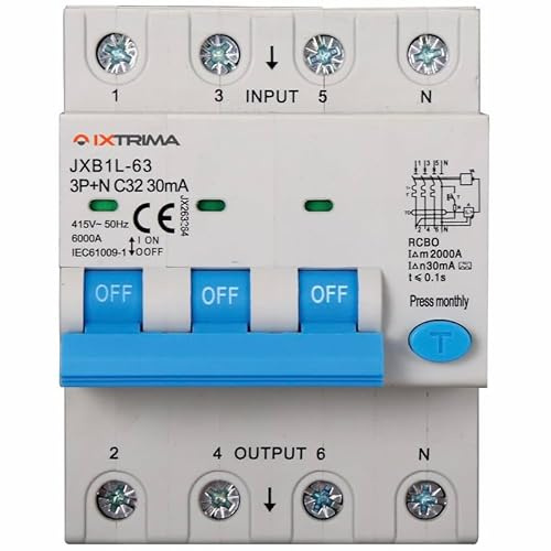 IXTRIMA Interruttore Magnetotermico Differenziale 3P+N 32A 30mA 380V-6KA CLASSE A 30mA per Guida DIN - 4 Moduli DIN - Protezione Circuiti e Sicurezza Impianti