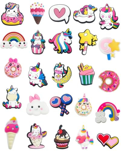 JUKOTA 25 PCS Licorne Charmes Charmes de Chaussure,Charms Crocs Dessin Cartoon,Chaussure en PVC Deco Croc Clips,Breloque pour Sabots Sandales,Cadeau de Fête d'anniversaire,pour Filles Garçons