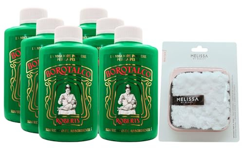 SET: Talco In Barattolo, Talco in Polvere Multiuso Assorbente e Rinfrescante, Per Una Pelle Vellutata. Adatto Per Uomo, Donna e Bambini 200g + Spugna Per Il Viso (6 Barattoli+Spugna)