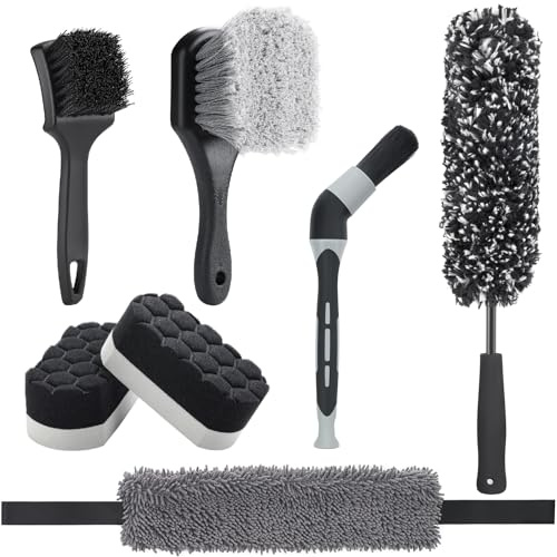 Fantasticlean 7 Pezzi Kit Pulizia Auto, Spazzola per Cerchi in Microfibra, Spazzole per Ruote e Pneumatici, Pennello Detailing, Nastro di Pulizia, Tamponi di Lucidatura per Lavaggio e Cura dell'Auto