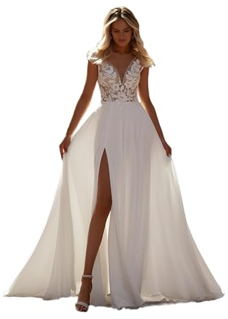 Beyonddress Abiti da sposa sirena per la sposa Tulle Appliques Pizzo Abiti da sposa Lunghi Spiaggia, D-bianco, 38