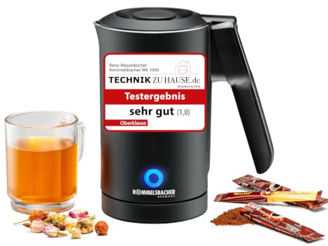 ROMMELSBACHER Resevattenkokare WK 1000, kompakt och lätt, inre behållare av rostfritt stål, 0,6 liters kapacitet, dolt värmeelement, fällbart handtag, kabelrullningssystem, transportväska