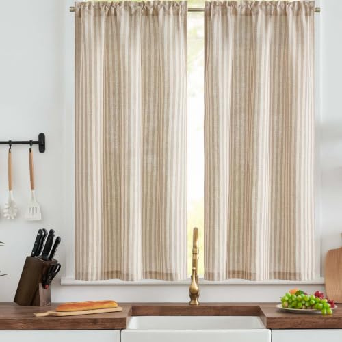 TOPICK Kitchen Curtains, Taupe Striped Cafe Curtain 2 Panels, W26xL54 Inch | 54 Inch Drop Rod Pocket Linen Look Curtains, Light Filtering Privacy Drapes for Bathroom, Bedroom, Sink, Basement, Caravan