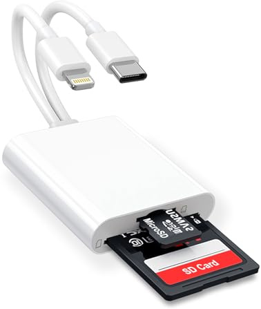 SD Card Reader for iPhone iPad, 2 in 1 SD/Micro SD Card Adapter Dual Connector (Lightning & USB-C) for SD and TF Memory Cards, Trail Camera Viewer with No Driver Needed Plug & Play
