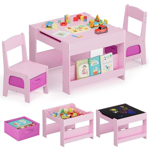 MAMIZO Tavolo per bambinicon 2 sedie, 3 in 1 Set tavolo e sedie, Mobili in legno per bambini con contenitori e librerie, Tavolo da gioco e attività, Tavolo da disegno, 3-7 ann (Rosa)