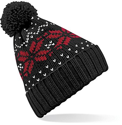 Beechfield Unisex-Beanie, B456. Fair Isle-„Snowstar“, schwarz, Einheitsgröße