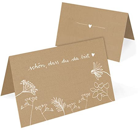 Eine der Guten 50 Tischkarten, Recyclingpapier Namenskarten, Schön, dass du da bist - Blumen Platzkarten zum beschriften für Hochzeit, Geburtstag, Taufe, Kommunion, Beige Weiß, klimaneutral