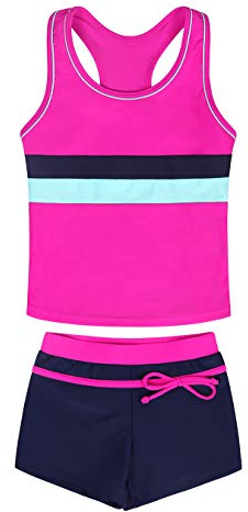 AmzBarley Girls Swimming Costume Kids Two Piece Swimsuit Childs Tankini Set Racer Back Tops Swim Shorts Swimwear Summer Beach Holiday Bathing Suit Hot Pink 3XL