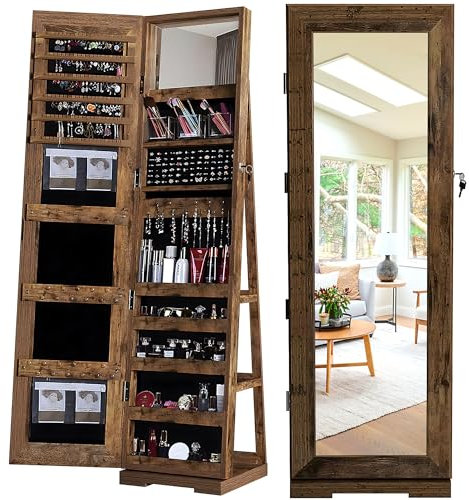 sogesfurniture Armoire à Bijoux sur Pied, Armoire de Rangement cosmétiques avec Miroir Plein Longueur, Rangement Bijoux Verrouillable, Pivotante à 360° (Marron Rustique)