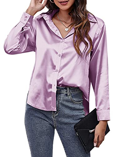 Blusa da Donna in Raso a Maniche Lunghe Camicetta Button Down Top da Lavoro Camicette in Tessuto Simili alla Seta per Ufficio, Lilla, L