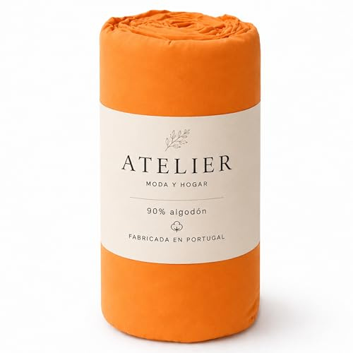 Sábana Bajera Ajustable 100% Algodón, Transpirable, Tacto Suave, Todas Las Medidas, Tejido Resistente, Alta Comodidad, Fabricado en Portuga (150 x 190/200 cm, Naranja)