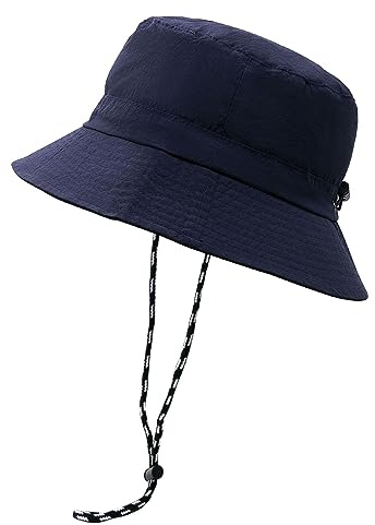 YAMEIZE Sommar hink hatt vit snöre – vattentät för kvinnor män safari hatt justerbar vindtät UV400 fiskehatt strand promenader klättring ., marinblå, 7-8