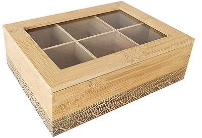 LIN HOME Cajita de Madera y Bambú con Tapa de Cristal con 6 Compartiments para Bolsas de Té o Sobres de Azúcar,Rectangular