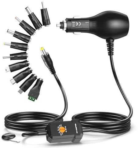 Basicvolt KFZ Universal Netzteil 12V 9V 7.5V 6V 5V 4,5V 3V Auto Ladegerät Zigarettenanzünder Kabel mit 10 Stecker Adapter für DVD Player TV GPS Kamera LED Strip mit 5V 2A USB Anschluss, 34W Max