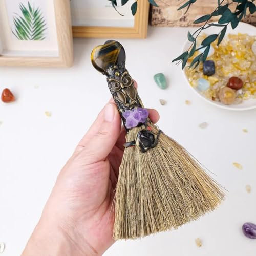 LQQDREX Balai magique en cristal naturel, mini balai de sorcière, balai d'autel Wiccan en cristal, décoration de cérémonie magique, bâton Reiki fait à la main pour le nettoyage, la guérison, le
