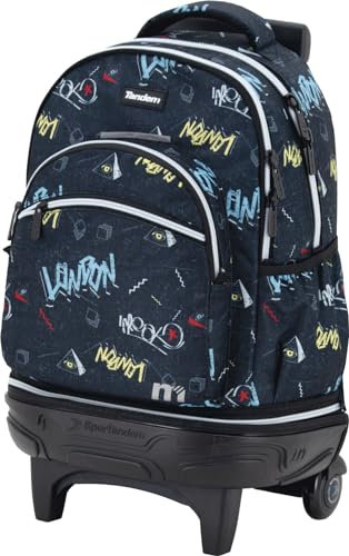 Sportandem Tandem Carro Compact Desmontable, Mochila Escolar con Carro Fijo Resistente, 35L, 5 Compartimentos, Tirantes Ergonómicos, Bolsillo Lateral para Botella, Forro Cubre Ruedas, Modelo London