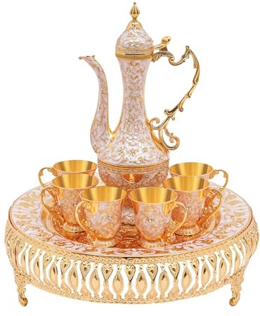 Vielrosse Juego de tetera turca vintage, tetera turca de metal con bandeja y 6 vasos de té, taza de café, juego de vasos de té para fiestas de té en casa (dorado)