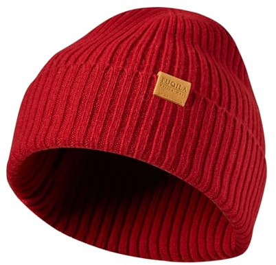 FUQILA 100% Merino Wool Cuff Beanie Hat, Unisex Warm Winter Caps Soft, Breathable & Cozy Stretchy Knitted Cuffed Cap (Chili Red)