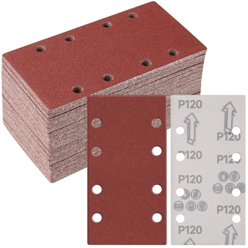Sruhrak 50 Stück 93 x 185mm Schleifpapier Set, 120 Körnung Rechteckiges Schleifpad mit Klettverschluss 8 Löcher Schleifblatt für Rechteckschleifer Bosch-Schleifer