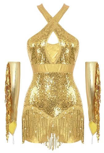 RUNQHUI Justaucorps Latine Jazz Danse Femme Costume Moderne Gants Frangé Paillette Métallique Ensemble Spectacle A Or M