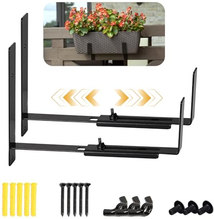 Pack of 2, Flower Window Box Bracket,Flowerpot Box Hook, Adjustable Hanging Shelf for Installation on Balcony Railing and FenceAdjustable Planter Box Bracket,