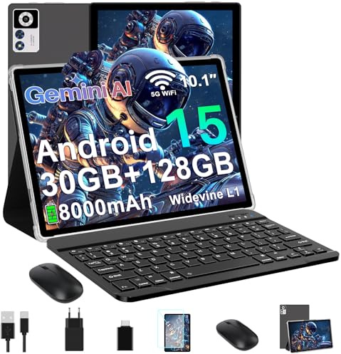 ZIOVO Android 15 Tablet 10 Zoll Gemini AI, 30GB RAM+128GB ROM(TF 1TB), 5G WLAN, Octa-Core 2.0GHz, Widevine L1, 8000mAh, BT 5.0, GPS, Face ID, Tablet mit Tastatur, Maus - Schwarz