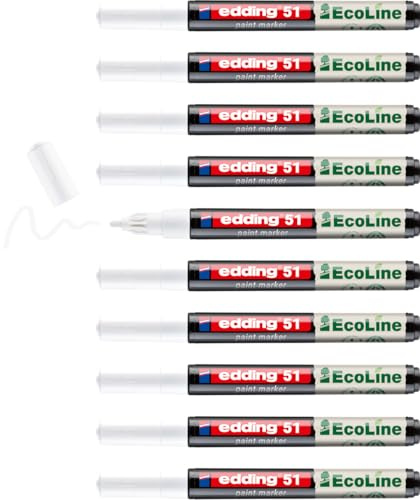 edding 51 EcoLine paint marker – white – pack of 10 – round nib 1-2 mm – water-based ink, highly opaque & waterproof – pen for glass, stone, wood, plastic and paper