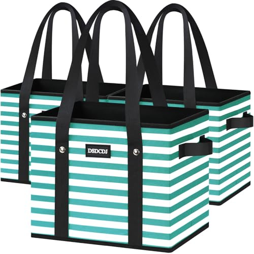 DSDCDJ Shoppingkorg vikbar 3-pack – shoppingväska stabil med handtag och förstärkt botten – perfekt korg shopping bärkorg shoppingkorg för shoppingvagnar och bagageutrymme, Ränder gröna, L