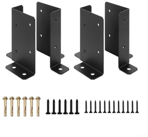 Juego de cuatro soportes de base de poste ajustables para columnas de madera compatibles con varios tamaños para uso en cubiertas, buzones y estructuras de madera al aire libre