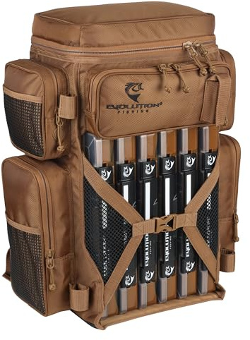 Evolution Fishing Drift Series 3700 Tackle Backpack with QuikLatch System & 2 Rod Holders – Coyote, Heavy Duty Backpack w/ 6 Tackle Trays