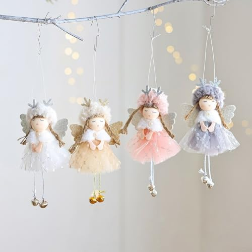 Julängel flicka ornament set med 4 hängande dekorationer för träd, mantel och fönstervisning under julsäsongen