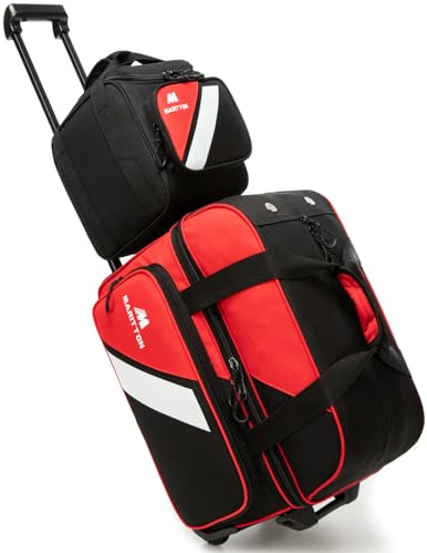 MARITTON 3 Ball Bowling Bags with Wheels, 2 Ball Bowling Bags Double roller with Single Ball Tote, Multi-Pockets & Shoe Compartment (Fits Up to Size 15). (RED)