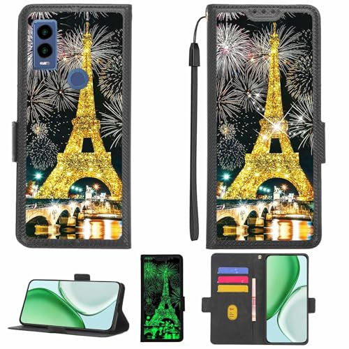 Aroepurt fodral kompatibelt med Cricket Innovate E 5G telefonfodral flipfodral [med härdat glas skärmskydd] [RFID-blockering] [Guldglitter + lysande] LPT-TT