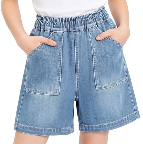 Tokeya Girls Denim Shorts Elasticated Waist Wide Leg Jean Short 7-15 Years | Pockets, Summer Casual Baggy Short, Soft Comfortable, Stretch, Loose Fit Kids Pant, Beach Holiday School Daily Play
