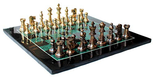 StonKraft Schachbrett-Set aus schwarzem Marmor und Malachit-Stein + Messing-Schachfiguren Spielfiguren – dekorativer Stein Schach – Heimdekoration – 38,1 cm