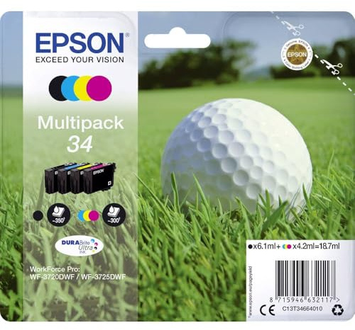 Epson Original Golfball DURABrite 34 Multipack Tintenpatrone – 4 Farben: Schwarz, Cyan, Magenta, Gelb – 1 x 6,1 ml, 3 x 4,2 ml – Original Epson Tintenpatronen für optimale Druckergebnisse